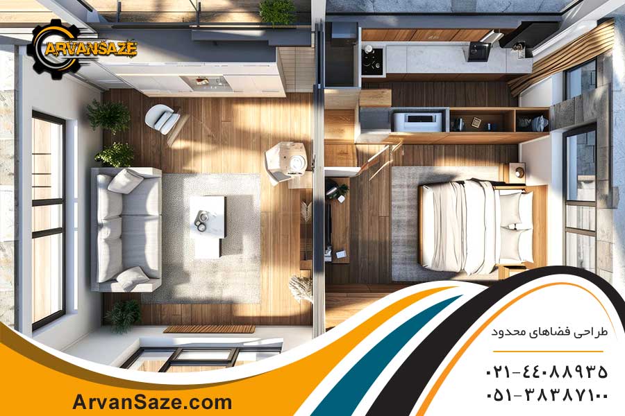 نمای بالایی از یک فضای کوچک اتاق خواب و نشیمن با فضاسازی مناسب و استفاده بهینه از همه جا